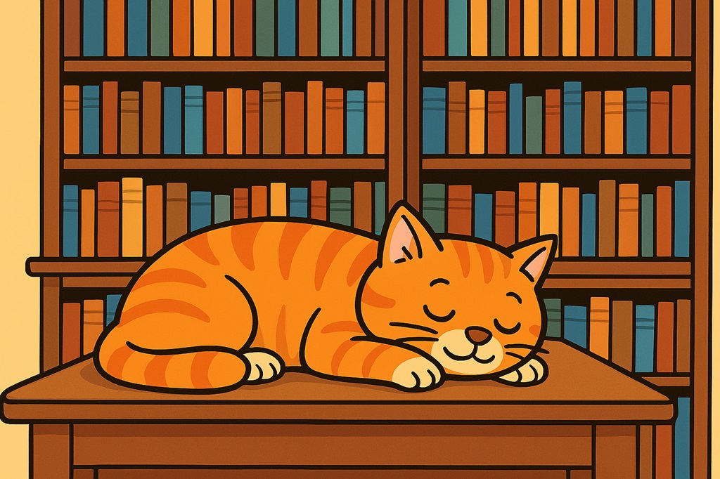 Width 75%/Centre justified/Cartoon cat sleeping on wooden desk in library