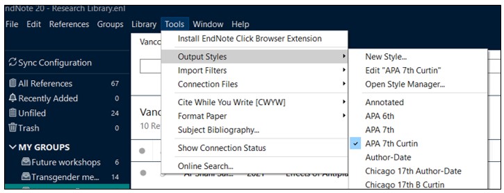 EndNote 20 Tools dropdown menu with Output Styles selected