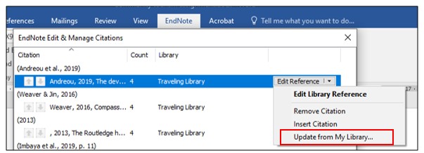 Edit citations function in Word with Edit Reference drop down menu displayed with Update from My Library highlighted