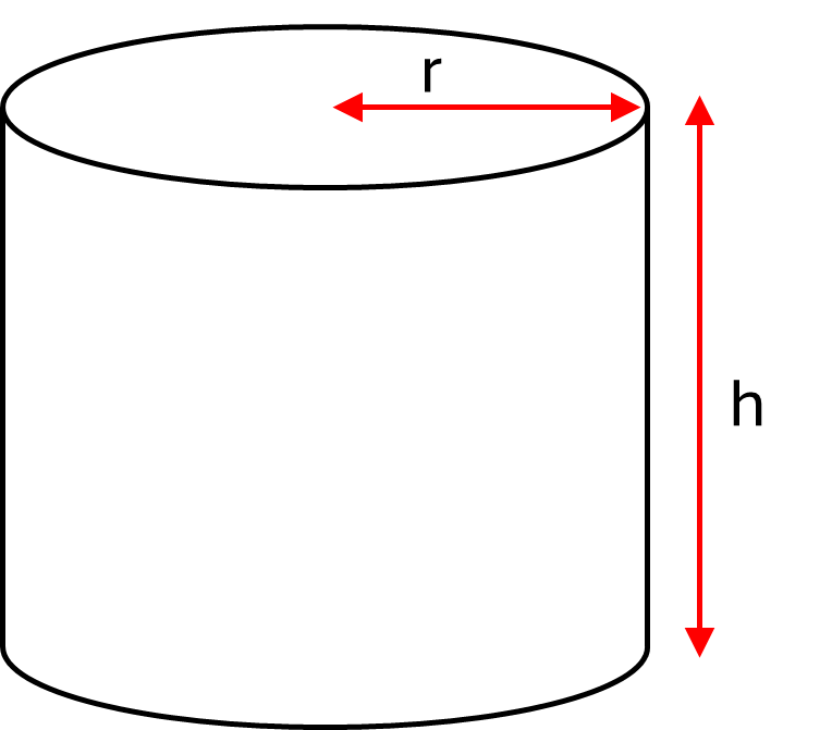 A cylinder with radius marked as r and height marked as h