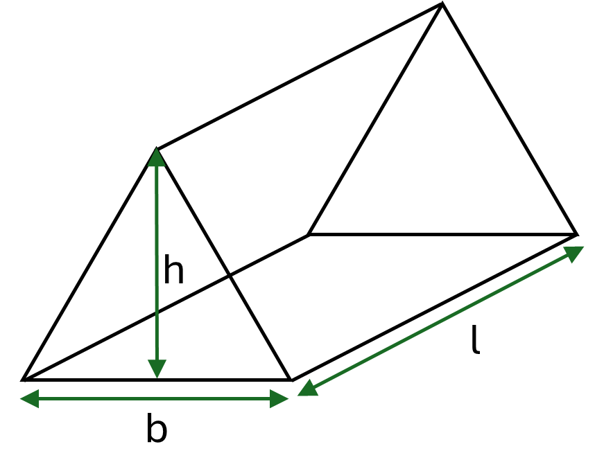 A triangular prism with the base of the triangle marked as b, the height of the triangle marked as h and the length of the prism marked as l