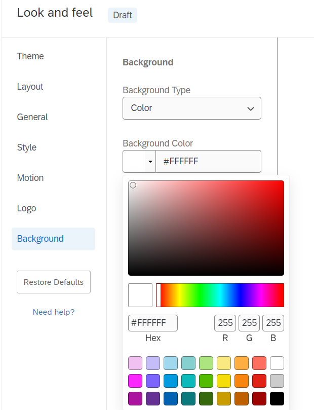 Image of the options that are available in order to change the background colour.