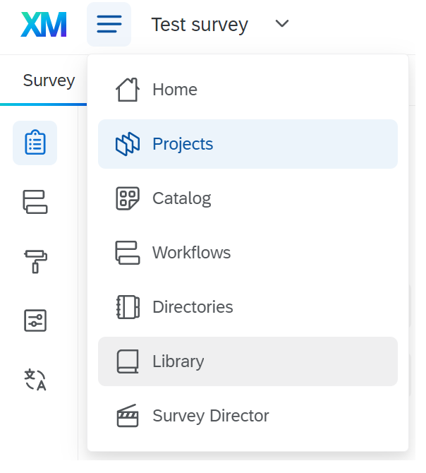 Drop down menu of test survey highlighting the options project and library.