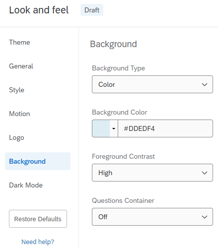 Image of the options that are available in order to change the background colour. The colour is set to #DDEDF4 and the foreground contrast is High