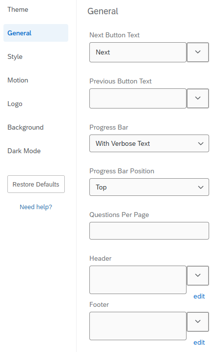 Image of the options available when selecting General from the menu. Underneath the Next Button Text heading the word Next has been entered, and underneath the Progress Bar heading With Verbose Text has been selected.
