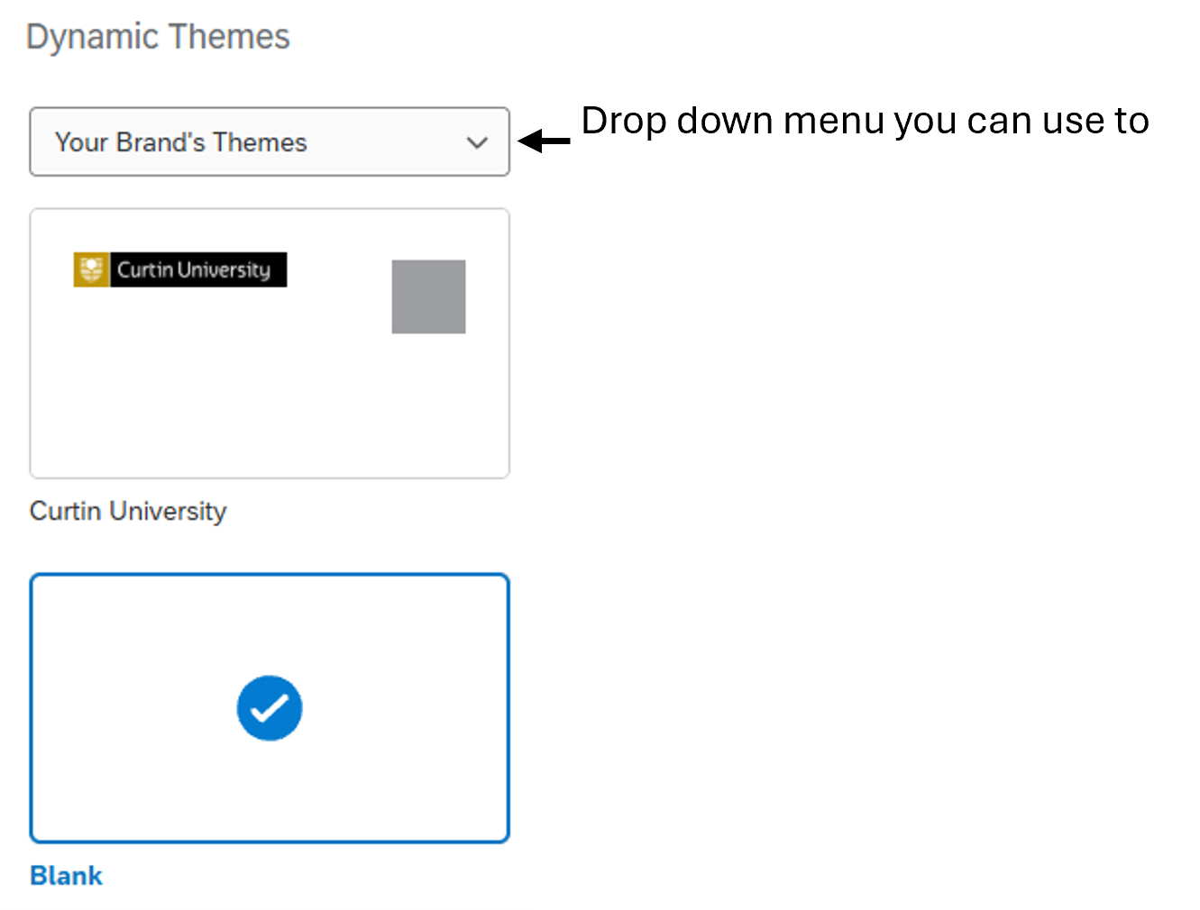 An image of the themes drop down menu and the Curtin and blank theme previews.