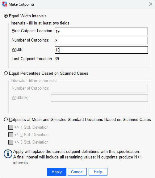 An image showing the Make Cutpoints pop up window