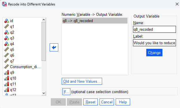 An image showing the Recode into Different Variables pop up window