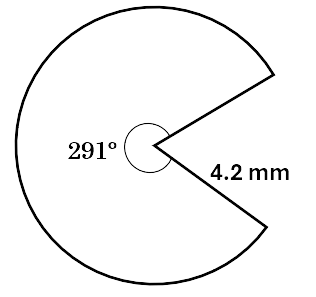 A circle with a minor sector cut out of it. The shape resembles pacman, with a radius of 4.2mm and an angle labelled 291 degrees.