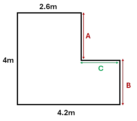 The same L shape from above, with the three unknown sides labelled A, B, and C.