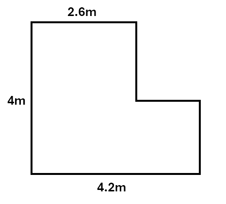 An L shape. The bottom is labelled 4.2 metres, the left-hand side is labelled 4 metres, and the top is labelled 2.6 metres.