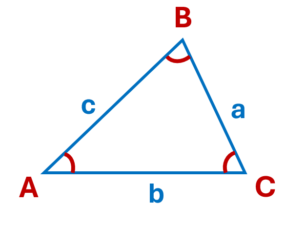 A triangle with angles marked A, B, and C. It's sides are marked lower case a, b, and c.