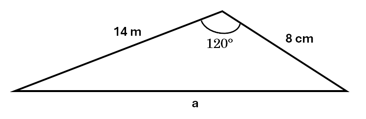 A scalene triangle with an angle labelled 120 degrees, and sides labelled a, 14cm and 8cm. Side a is opposite the known angle.