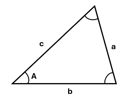 A triangle with an angle labelled A, and sides labelled a, b, and c in lower case letters. Angle A is opposite side a.