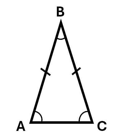 A triangle  with two equal sides, marked by lines, and two equal angles.