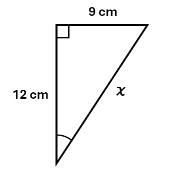 A right-angled triangle. The sides are labelled 9cm, 12cm, and x, x being the hypotenuse.