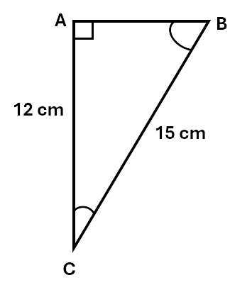 A triangle, with angles labelled A, B and C, with A at the right angle. One side is labelled 12cm, the hypotenuse is labelled 15cm.