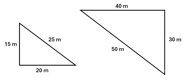 Two triangles, one larger than the other. Each one has each side labelled with measurements.