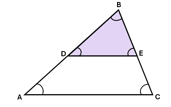 Two triangles, one smaller one sitting inside a large triangle. Each angle is labelled with a letter.