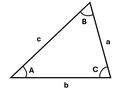 A triangle with angles labelled A, B, and C in capital letters, and sides labelled a, b, and c in lower case letters. Each side is opposite it's respective angle, for example, angle A, is opposite side a, etc.