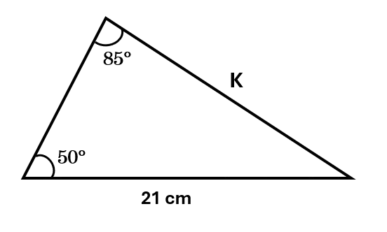 An acute triangle, one side is labelled 21cm, the other is labelled K. Two of the angles have values, 85 degrees and 50 degrees