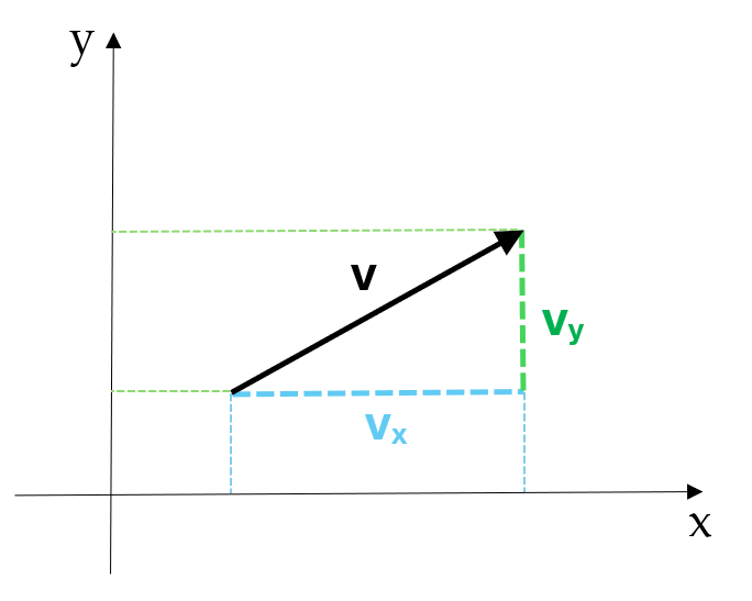 An x-axis and a y-axis with a vector labelled v placed on a blank graph. The x and y components are marked.