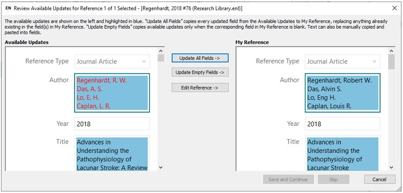 EndNote 20 Find Reference Updates window with side-by-side comparison