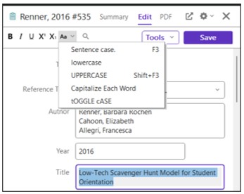 EndNote Preferences window with Change Case option selected