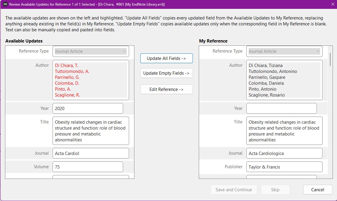 EndNote 20 Find Reference Updates window with side-by-side comparison