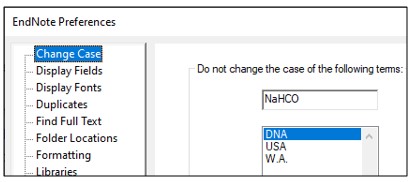EndNote Preferences window with Change Case option selected