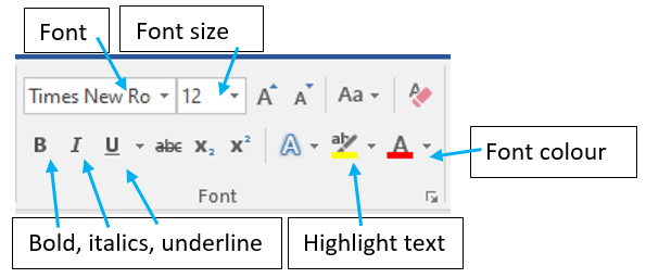 Labelled image of the Font box in Word, illustrating where to change the font size, type, emphasis and colour.